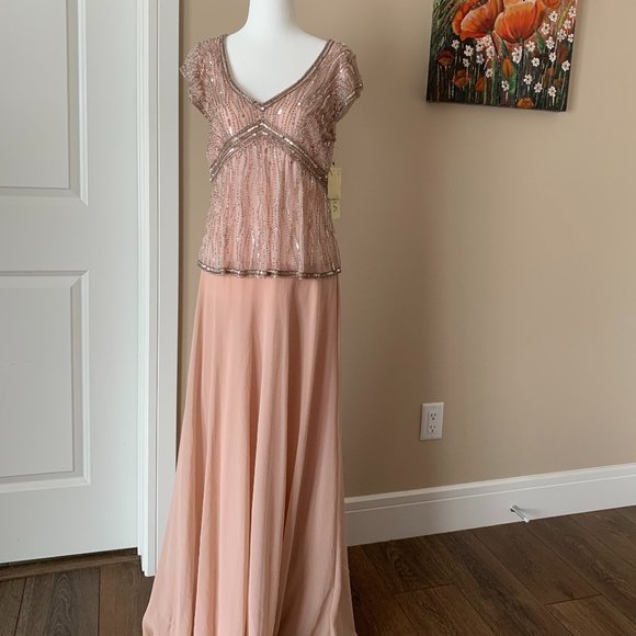 NWT JKara Pink Embellished Cap Sleeve Full Length Formal Dress 12 - Picture 1 of 6